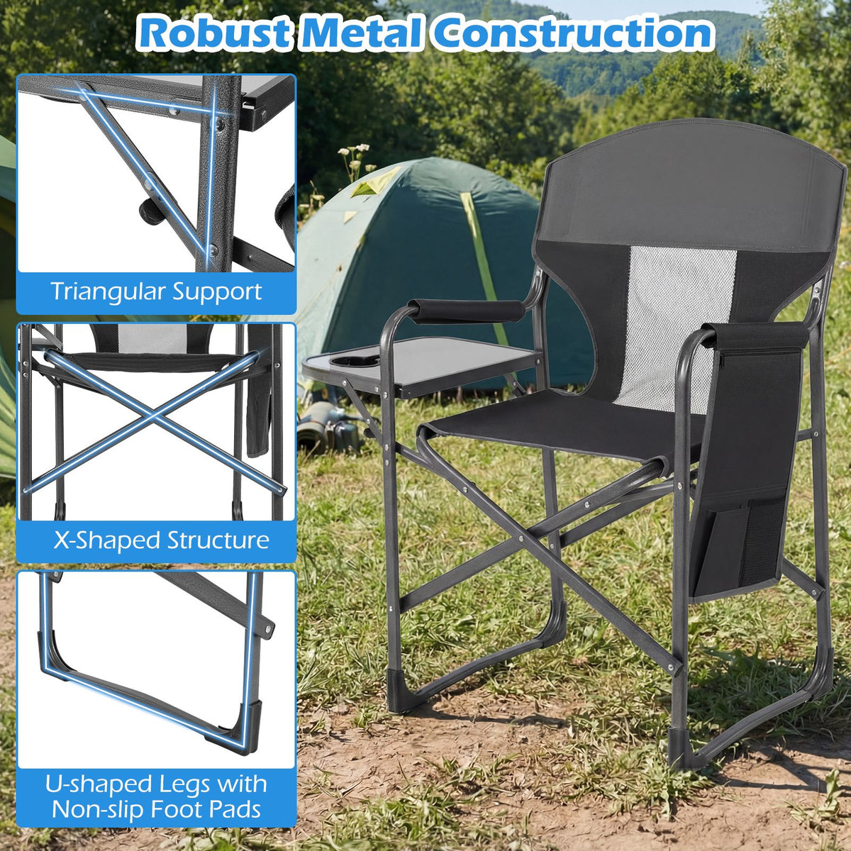Folding Camping Chair Oversized Padded Portable Directors Chair with Side Table