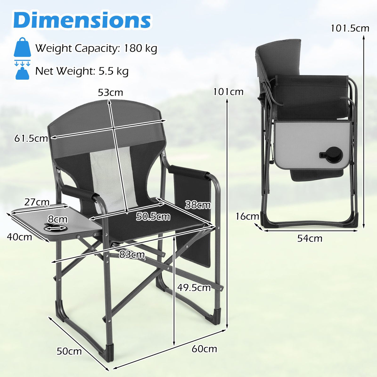 Folding Camping Chair Oversized Padded Portable Directors Chair with Side Table