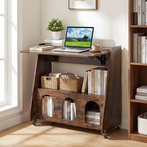Folding Workstation on Wheels with Shelves for Small Space Home Office