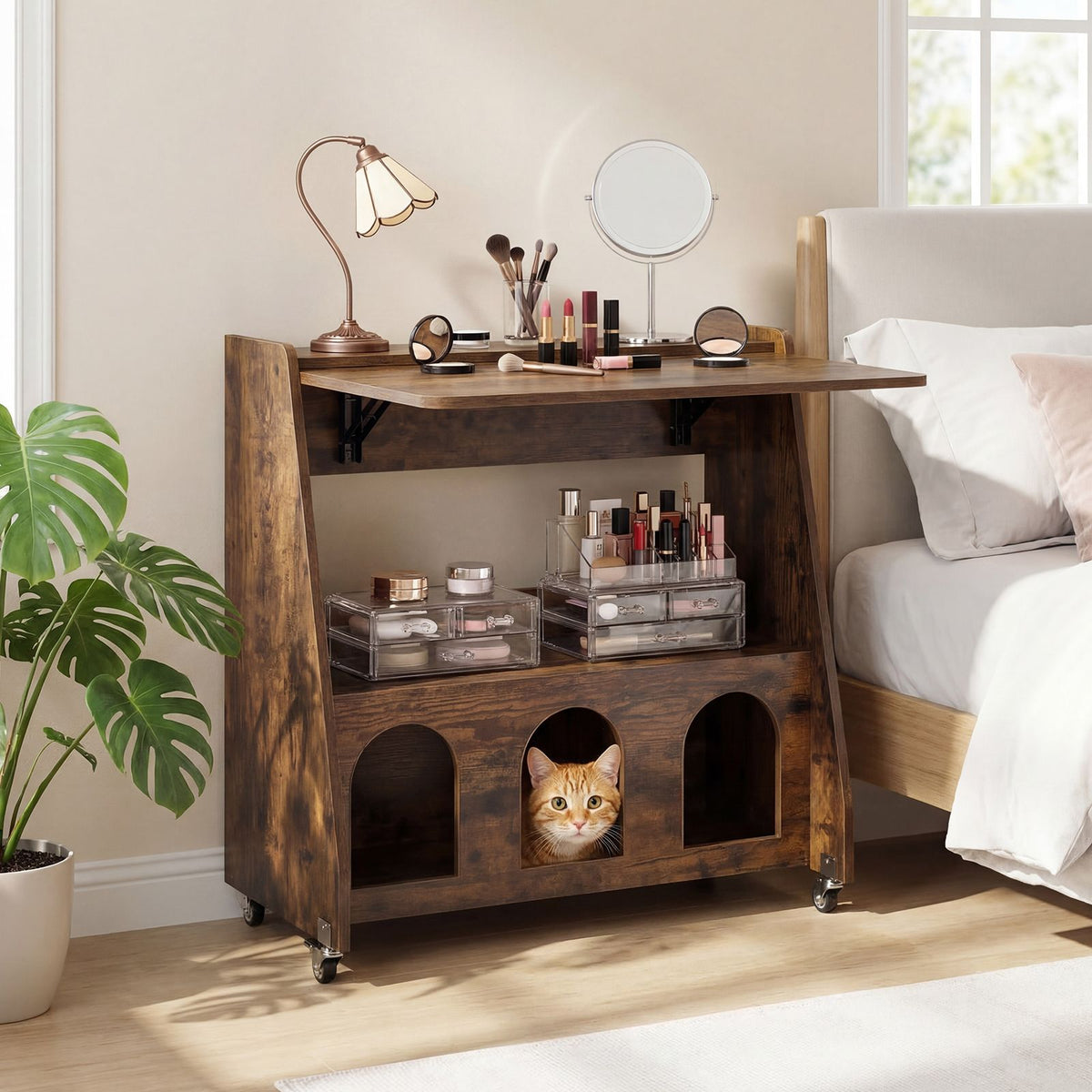 Folding Workstation on Wheels with Shelves for Small Space Home Office