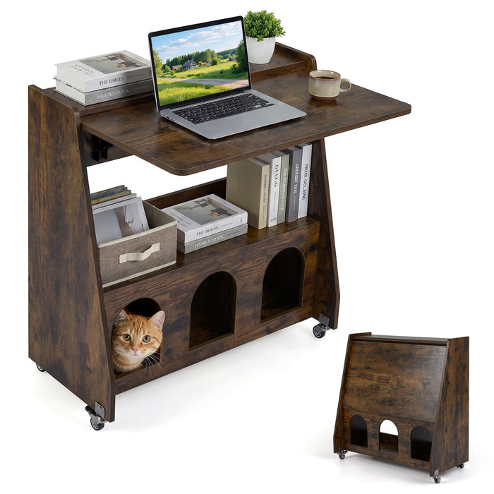 Folding Workstation on Wheels with Shelves for Small Space Home Office