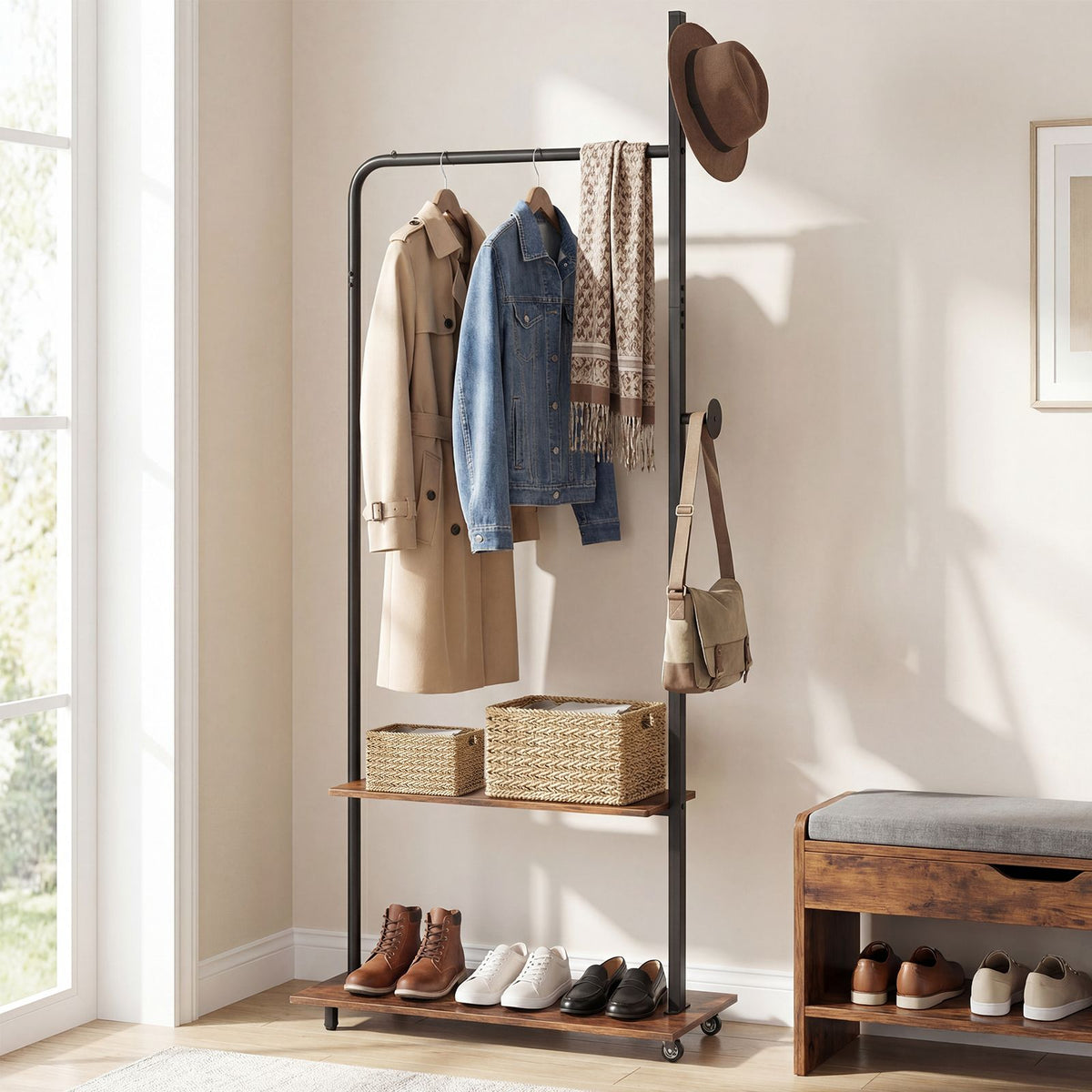 Freestanding Clothing Rack with Hanging Rod and Storage Shelves for Entryway and Bedroom