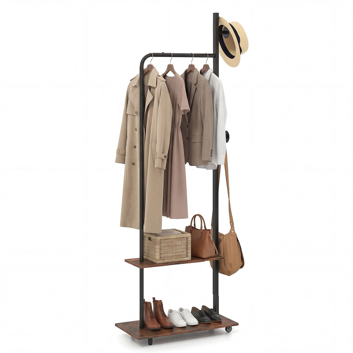 Freestanding Clothing Rack with Hanging Rod and Storage Shelves for Entryway and Bedroom