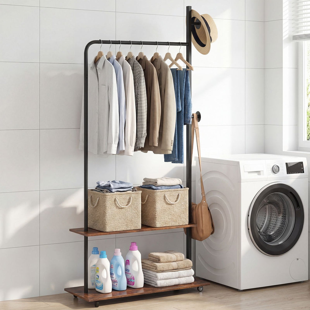 Freestanding Clothing Rack with Hanging Rod and Storage Shelves for Entryway and Bedroom