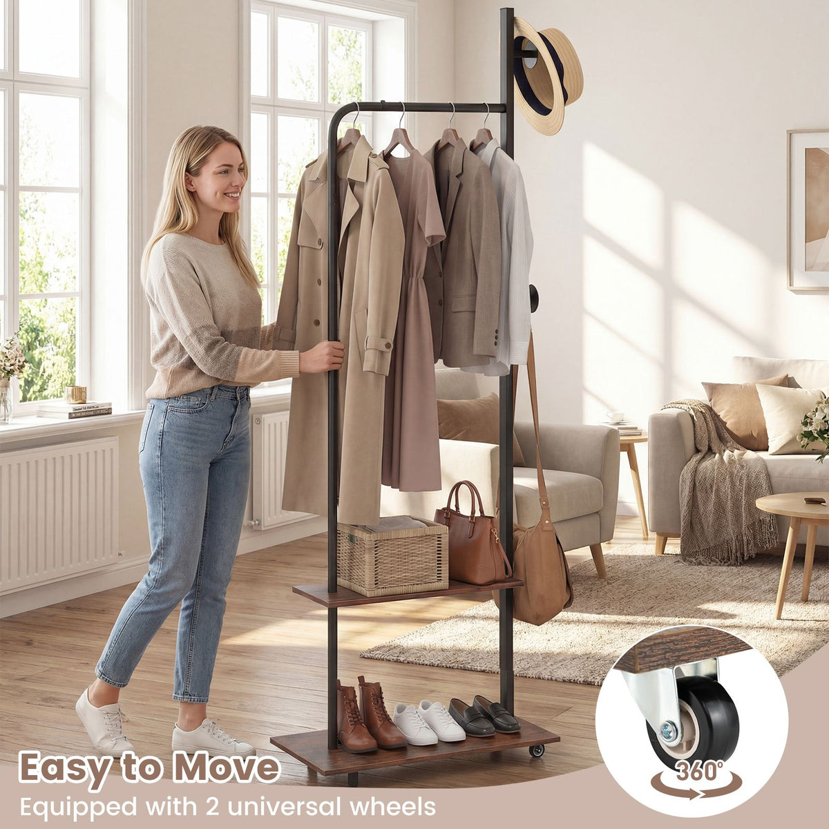 Freestanding Clothing Rack with Hanging Rod and Storage Shelves for Entryway and Bedroom