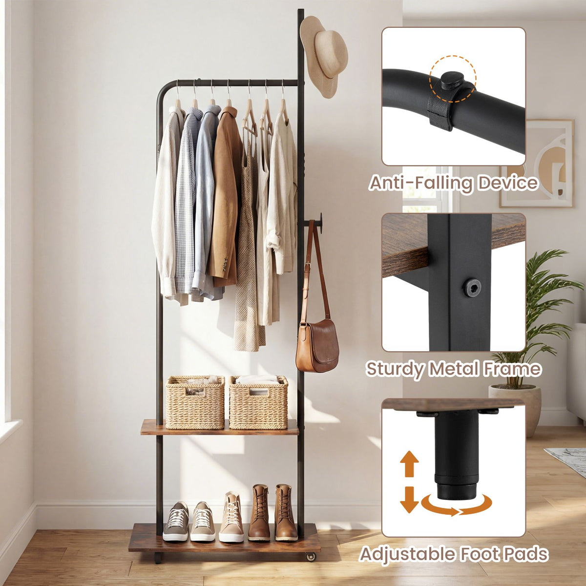 Freestanding Clothing Rack with Hanging Rod and Storage Shelves for Entryway and Bedroom