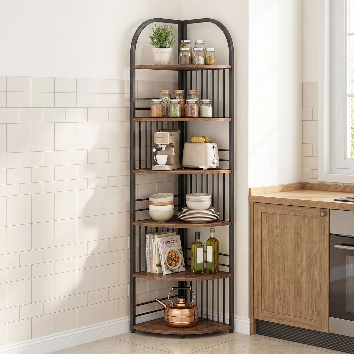 6-Tier Freestanding Corner Bookshelf with Heavy-duty Metal Frame
