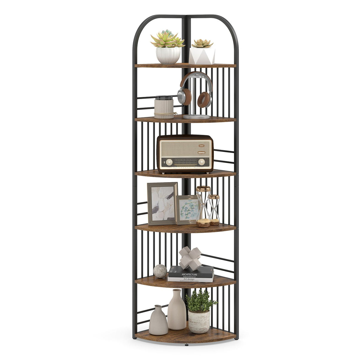 6-Tier Freestanding Corner Bookshelf with Heavy-duty Metal Frame