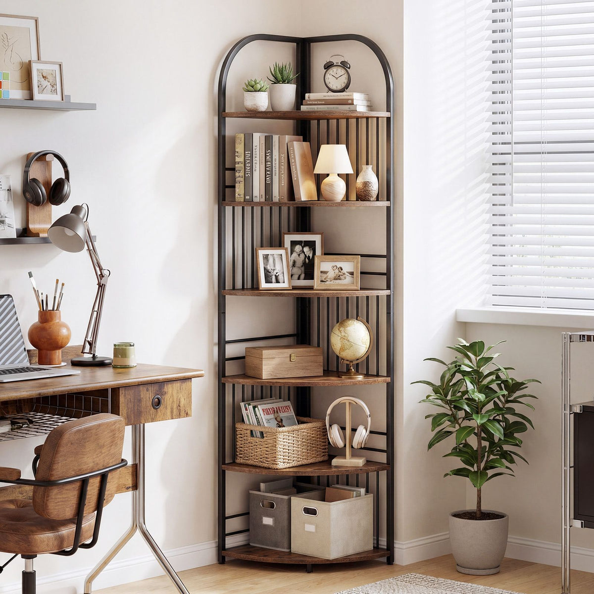 6-Tier Freestanding Corner Bookshelf with Heavy-duty Metal Frame
