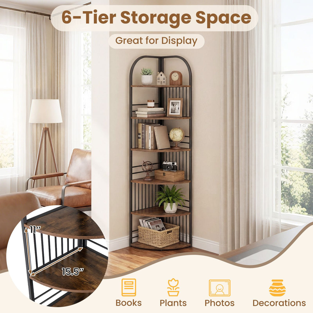 6-Tier Freestanding Corner Bookshelf with Heavy-duty Metal Frame