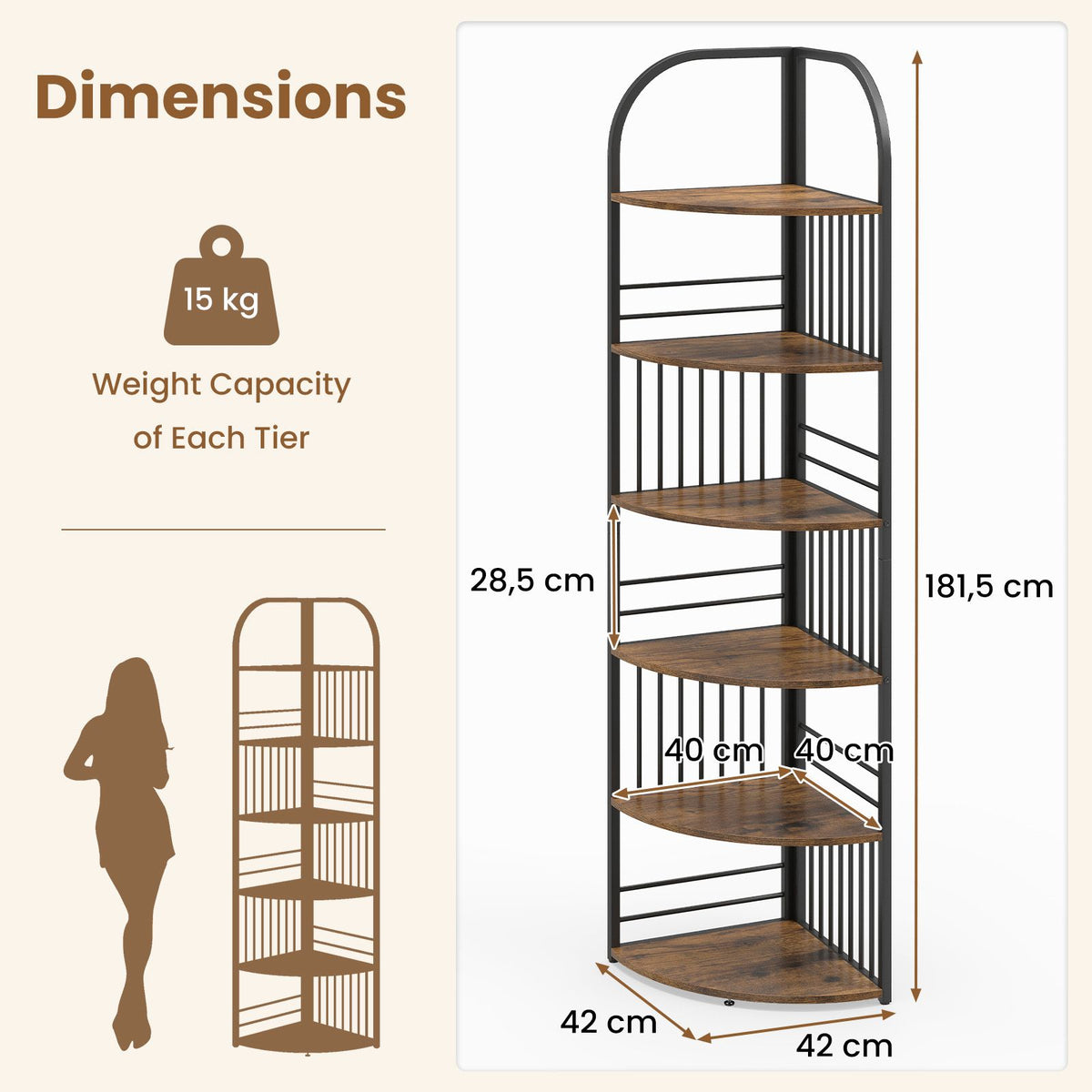 6-Tier Freestanding Corner Bookshelf with Heavy-duty Metal Frame