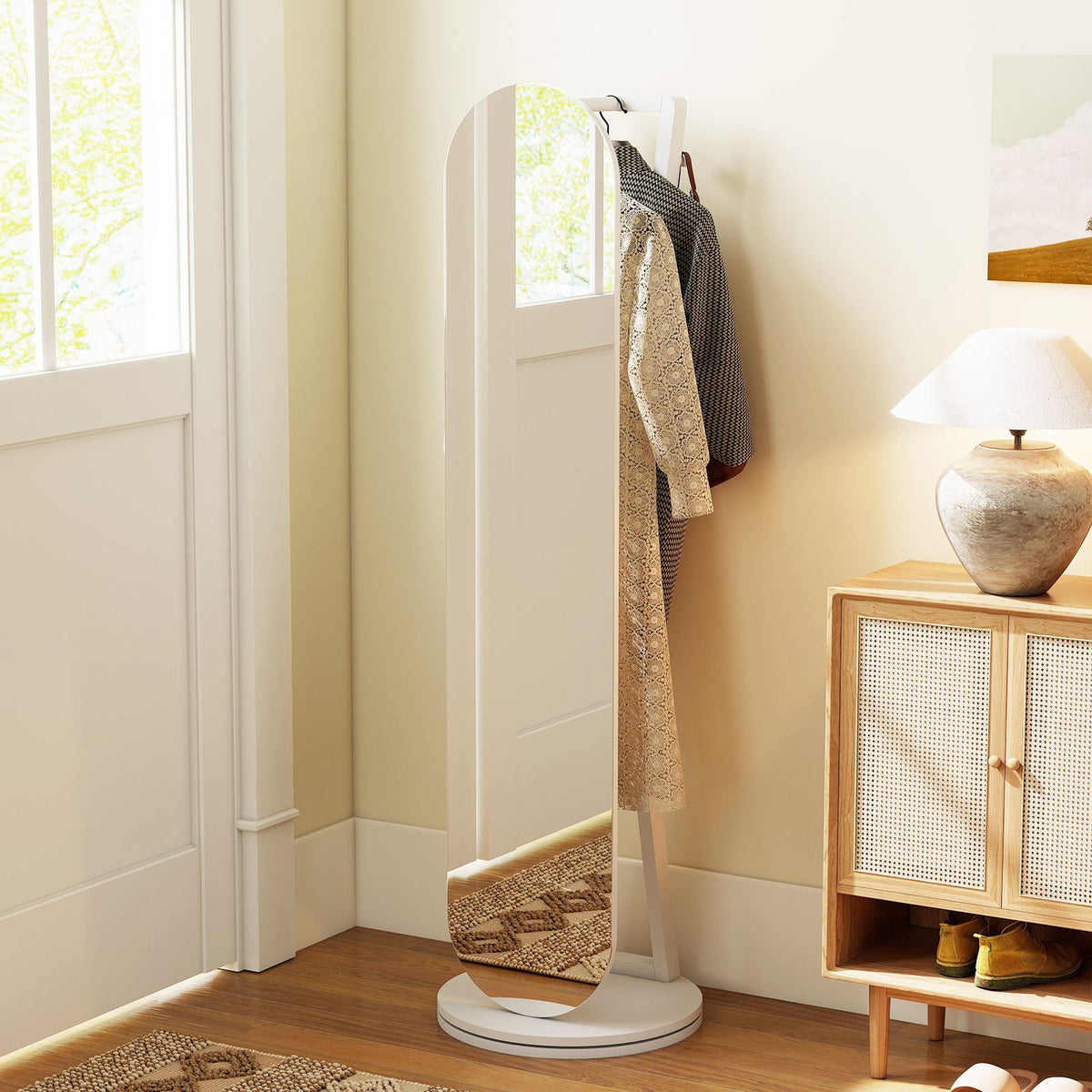 2-in-1 Full Length Mirror with Coat Rack and 4 Hanging Hooks