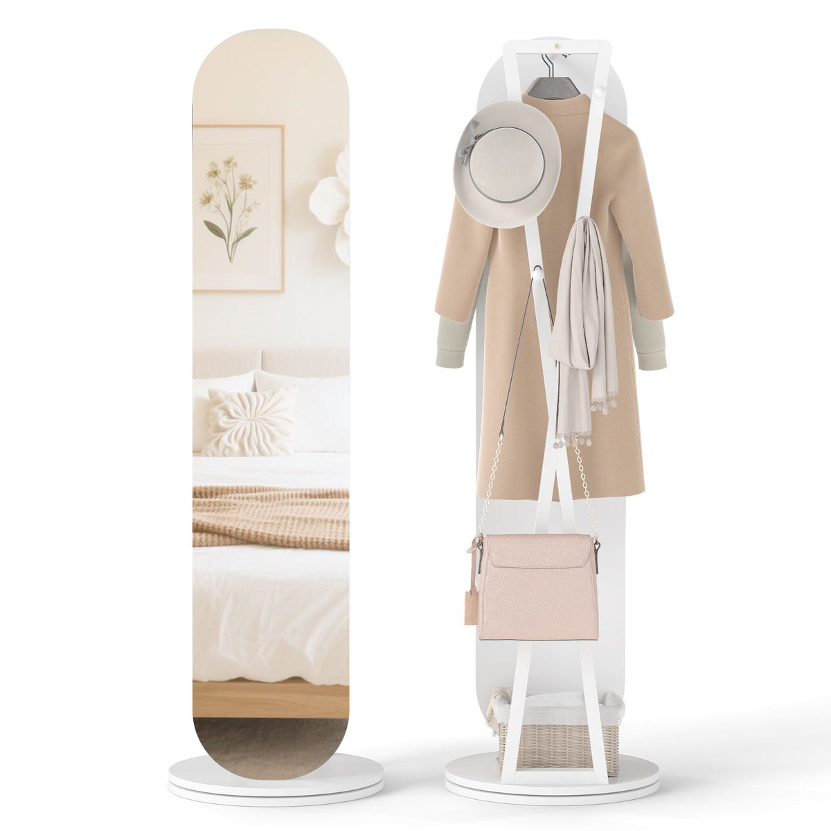 2-in-1 Full Length Mirror with Coat Rack and 4 Hanging Hooks