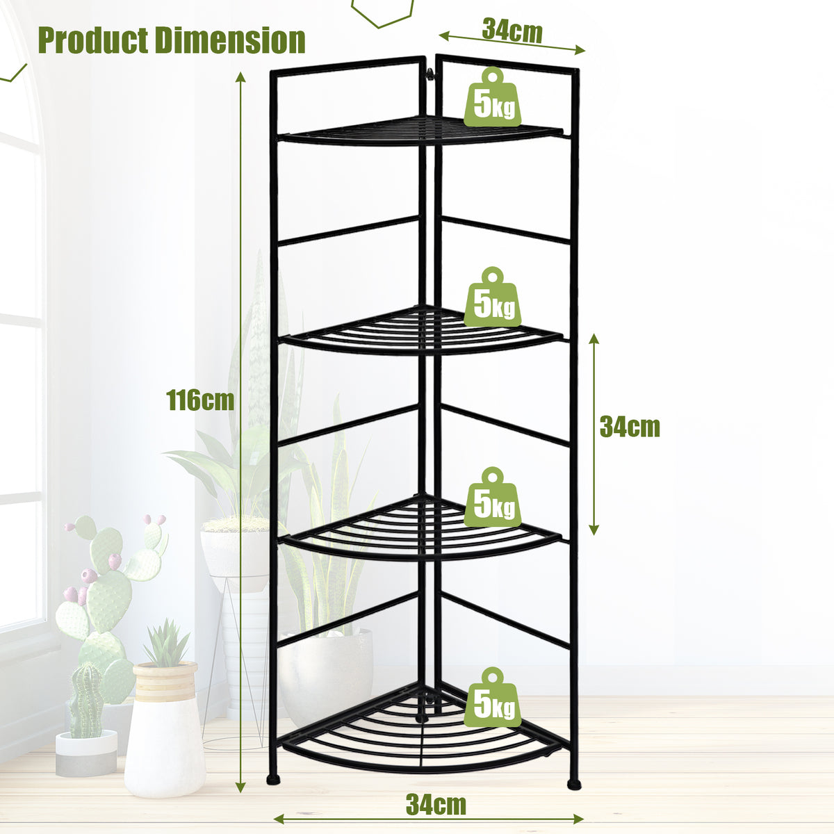 4 Tier Folding Metal Shelf Plant Stand Storage Corner Flower Display Rack Indoor Outdoor