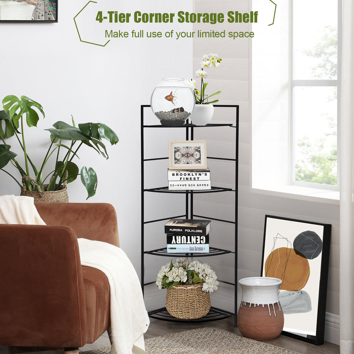 4 Tier Folding Metal Shelf Plant Stand Storage Corner Flower Display Rack Indoor Outdoor