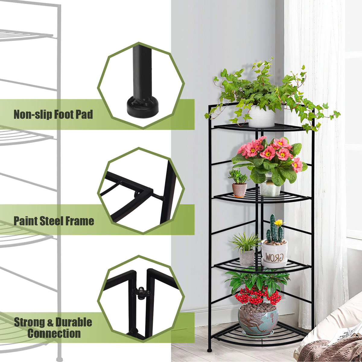 4 Tier Folding Metal Shelf Plant Stand Storage Corner Flower Display Rack Indoor Outdoor