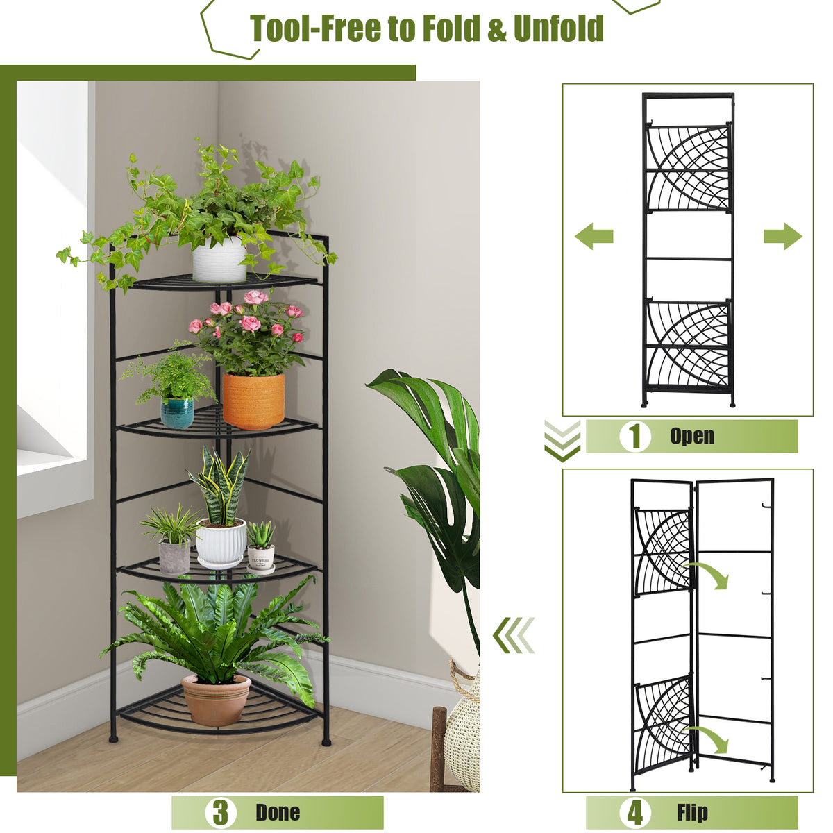 4 Tier Folding Metal Shelf Plant Stand Storage Corner Flower Display Rack Indoor Outdoor