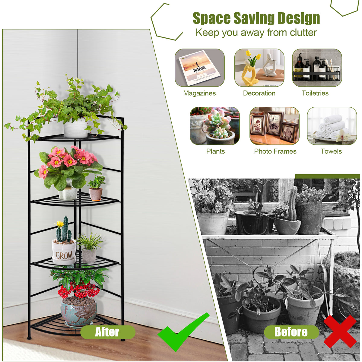 4 Tier Folding Metal Shelf Plant Stand Storage Corner Flower Display Rack Indoor Outdoor
