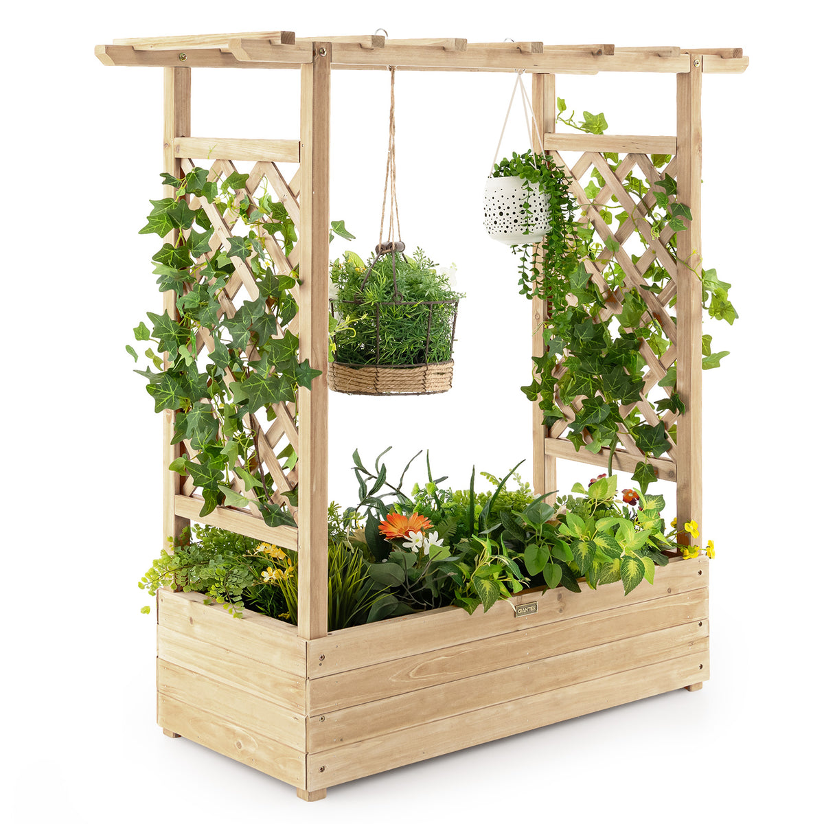 Giantex Raised Garden Bed with Trellis, Wood Planter Box with Roof & Side Trellis