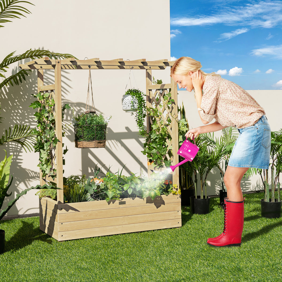 Giantex Raised Garden Bed with Trellis, Wood Planter Box with Roof & Side Trellis