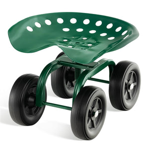 Garden Cart with Seat, Heavy-Duty Rolling Outdoor Wagon Scooter w/Height Adjustable & 360° Swivel Seat