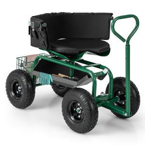 Rolling Garden Cart Scooter, Outdoor Heavy-Duty Gardening Cart w/ 26cm Tires, Swivel Seat