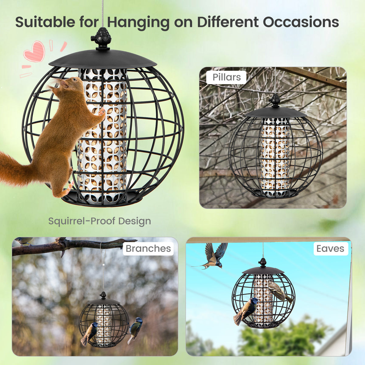 Squirrel-Proof Bird Feeder for Outdoor Hanging, Caged Seed Feeder for Wild Birds