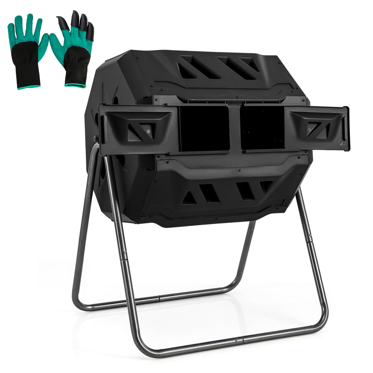 Outdoor Tumbling Composter, 160 L Portable Garden Compost Bin W/Dual Chamber, 2 Sliding Doors & Solid Steel Frame