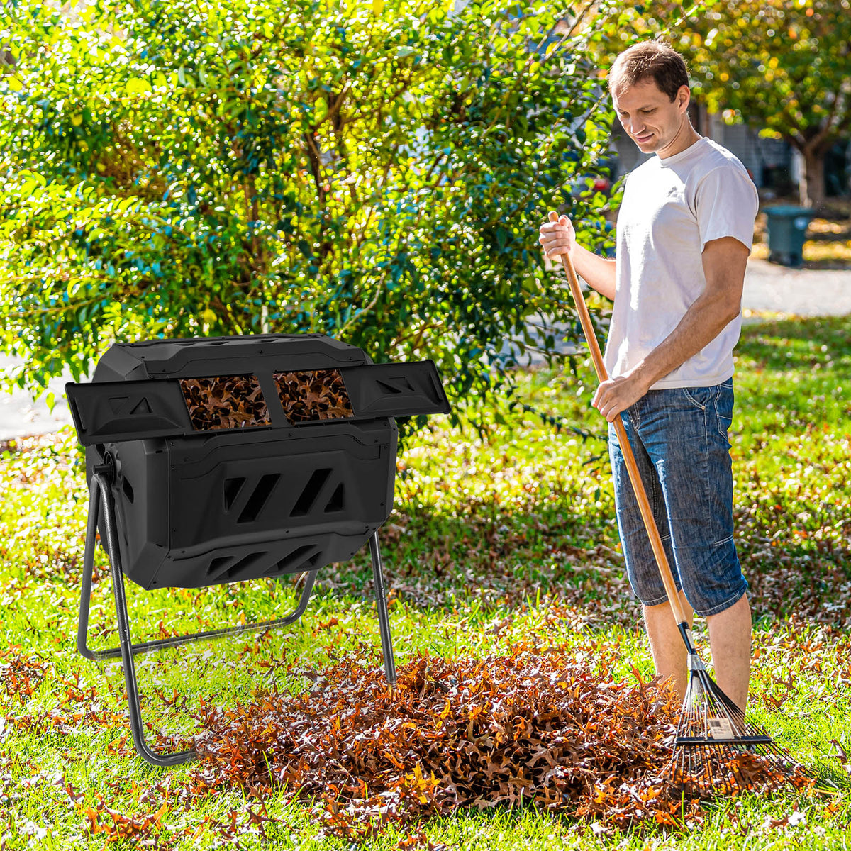 Outdoor Tumbling Composter, 160 L Portable Garden Compost Bin W/Dual Chamber, 2 Sliding Doors & Solid Steel Frame