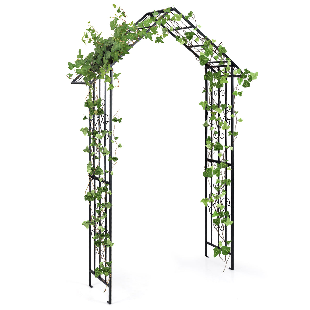 Modern Garden Arbor, Garden Trellis Pergola w/Multiple Side Crossbars, 4 Ground Stakes, Stylish Roof-shaped Top