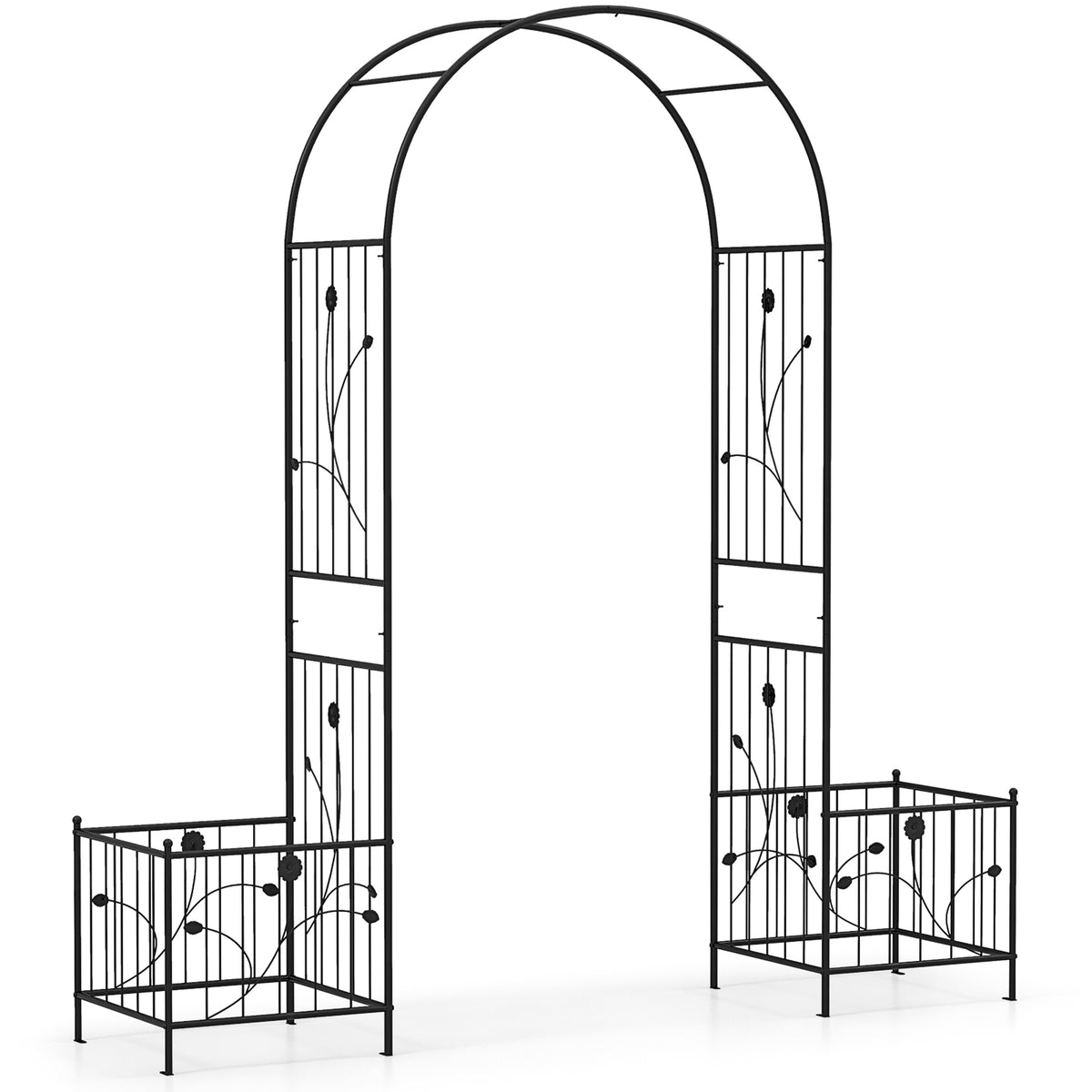 2 in 1 Garden Arbor, 218cm Garden Trellis Pergola w/2 Side Planters, 8 Ground Stakes, Sturdy Metal Frame