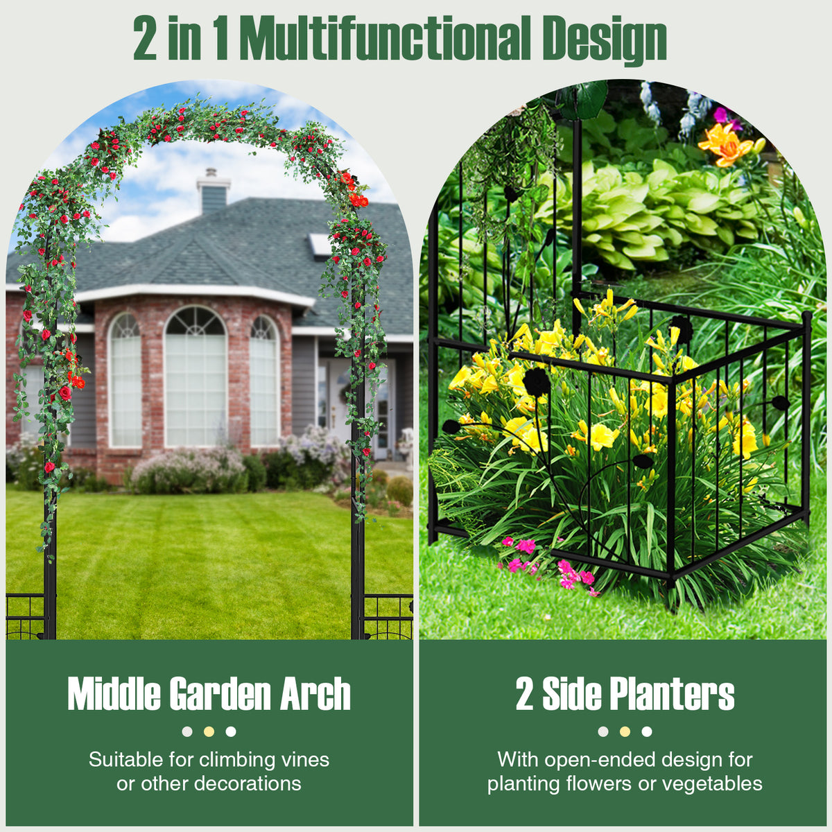 2 in 1 Garden Arbor, 218cm Garden Trellis Pergola w/2 Side Planters, 8 Ground Stakes, Sturdy Metal Frame