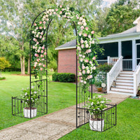 2 in 1 Garden Arbor, 218cm Garden Trellis Pergola w/2 Side Planters, 8 Ground Stakes, Sturdy Metal Frame