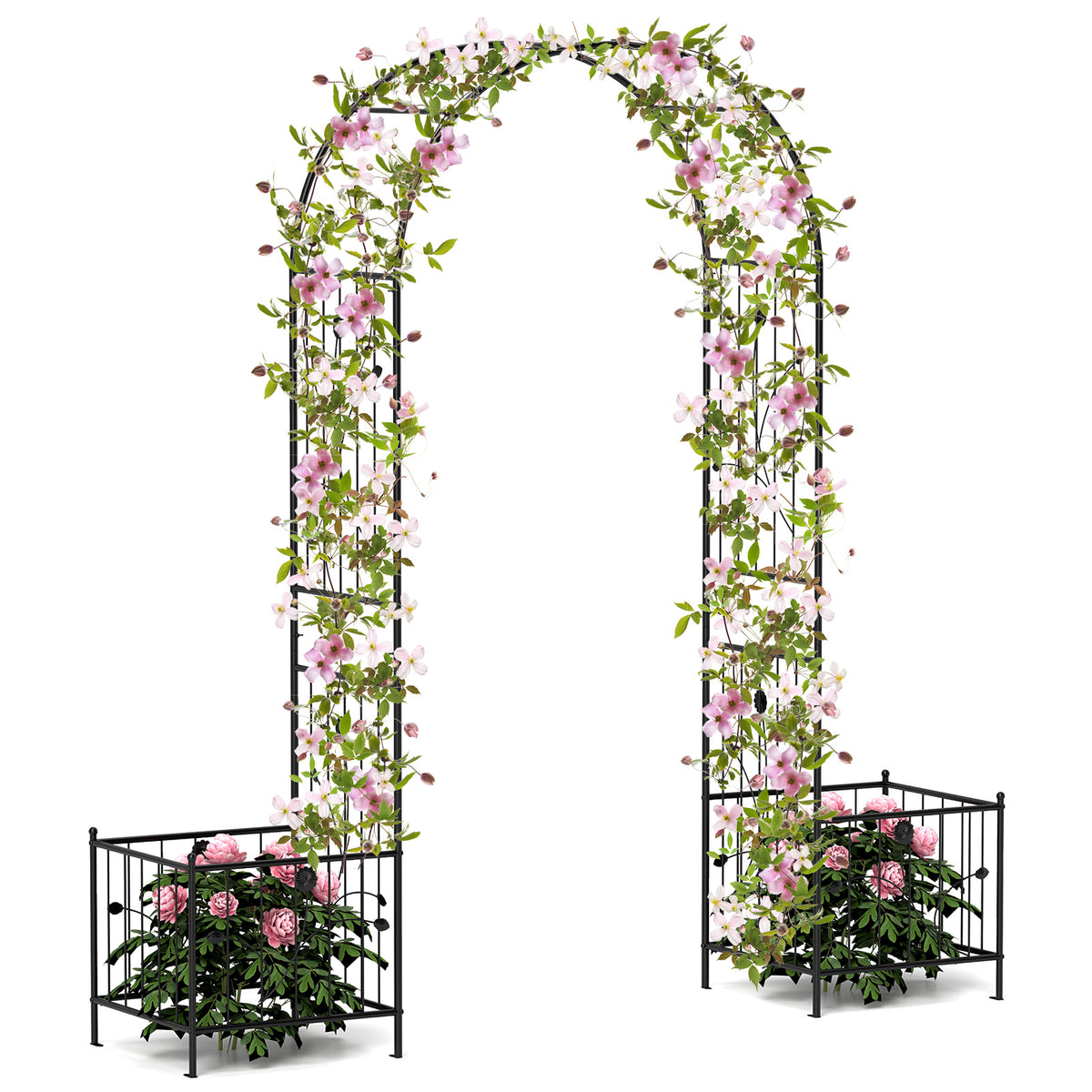 2 in 1 Garden Arbor, 218cm Garden Trellis Pergola w/2 Side Planters, 8 Ground Stakes, Sturdy Metal Frame