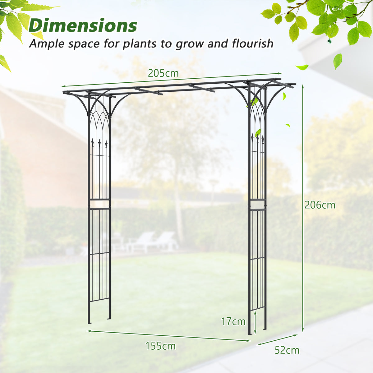 2M Garden Arbor, Metal Archway Perfect for Roses and Climbing Plants, Decorative Lawn Arbor