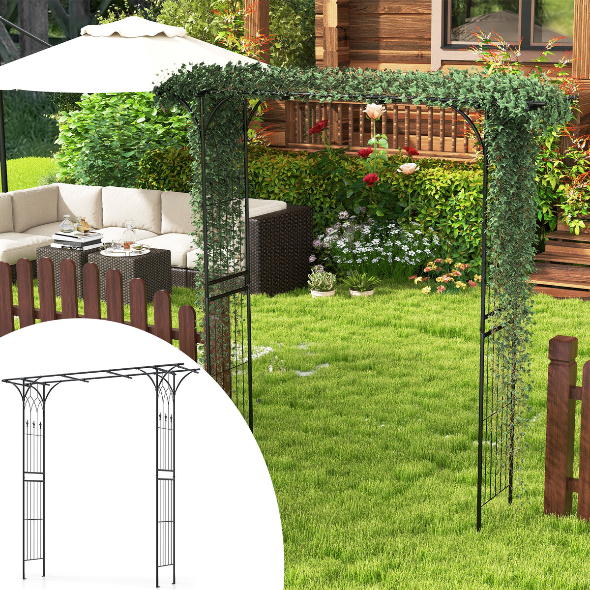 2M Garden Arbor, Metal Archway Perfect for Roses and Climbing Plants, Decorative Lawn Arbor