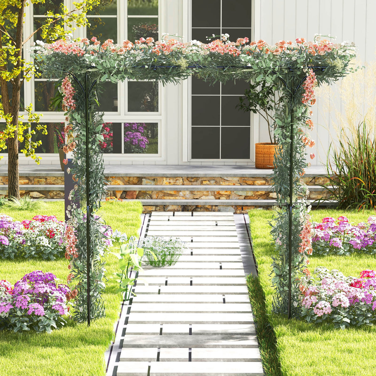 2M Garden Arbor, Metal Archway Perfect for Roses and Climbing Plants, Decorative Lawn Arbor