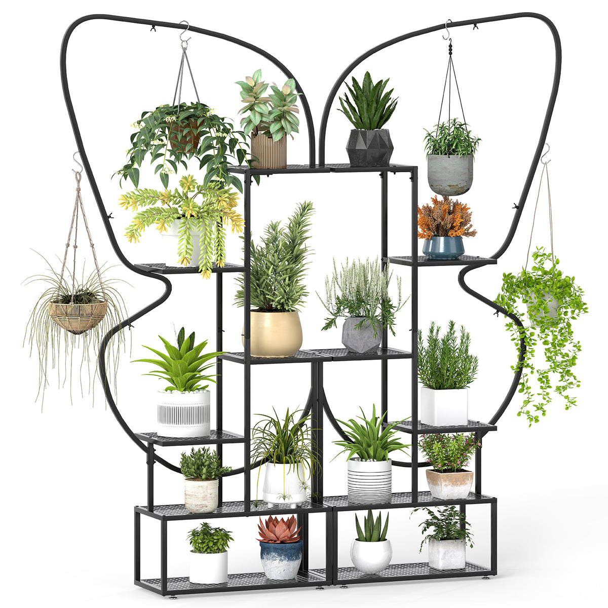 6-Tier Metal Plant Stand, 185 cm Tall Butterfly-Shaped Flowerpot Shelf w/ 12 Metal Mesh Boards & 4 Hanging Hooks