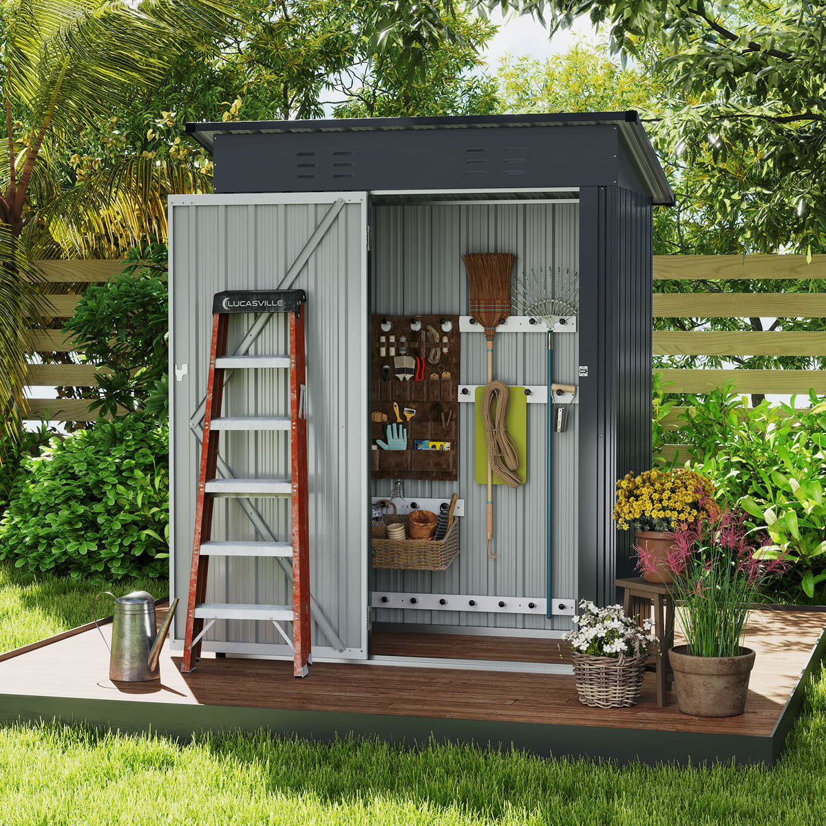 1.5 x 0.9M Outdoor Storage Shed, Galvanized Metal Tool House w/ Sloped Roof