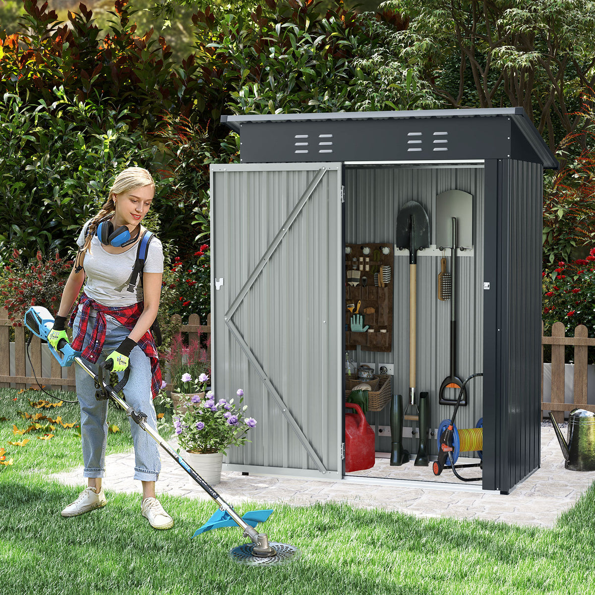 1.5 x 0.9M Outdoor Storage Shed, Galvanized Metal Tool House w/ Sloped Roof