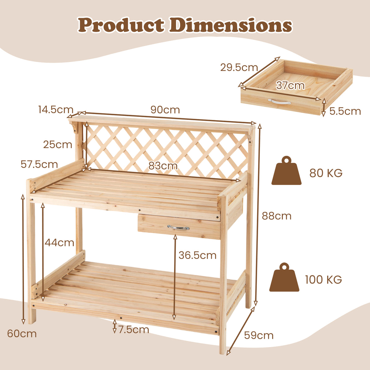Garden Potting Bench Table, Wooden Planting Workstation
