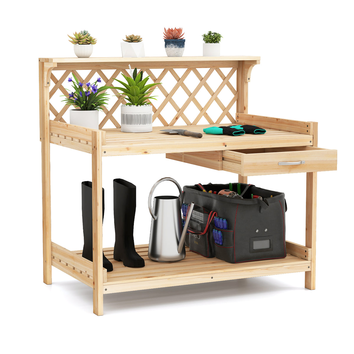 Garden Potting Bench Table, Wooden Planting Workstation