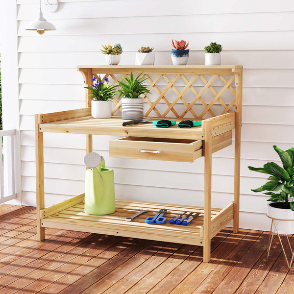 Garden Potting Bench Table, Wooden Planting Workstation