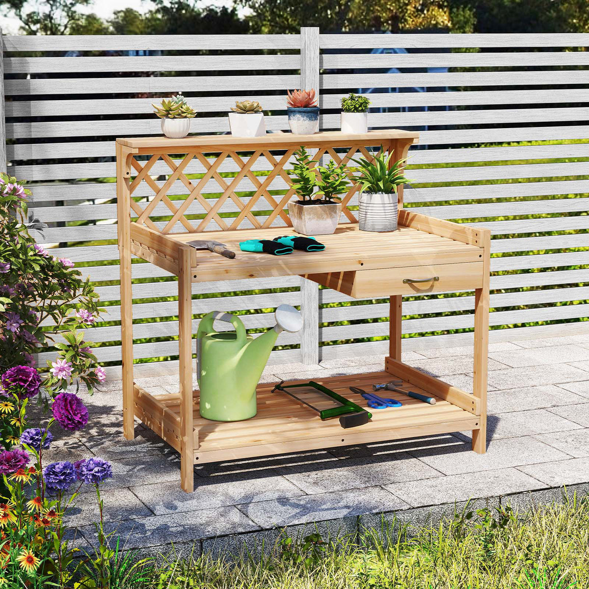 Garden Potting Bench Table, Wooden Planting Workstation