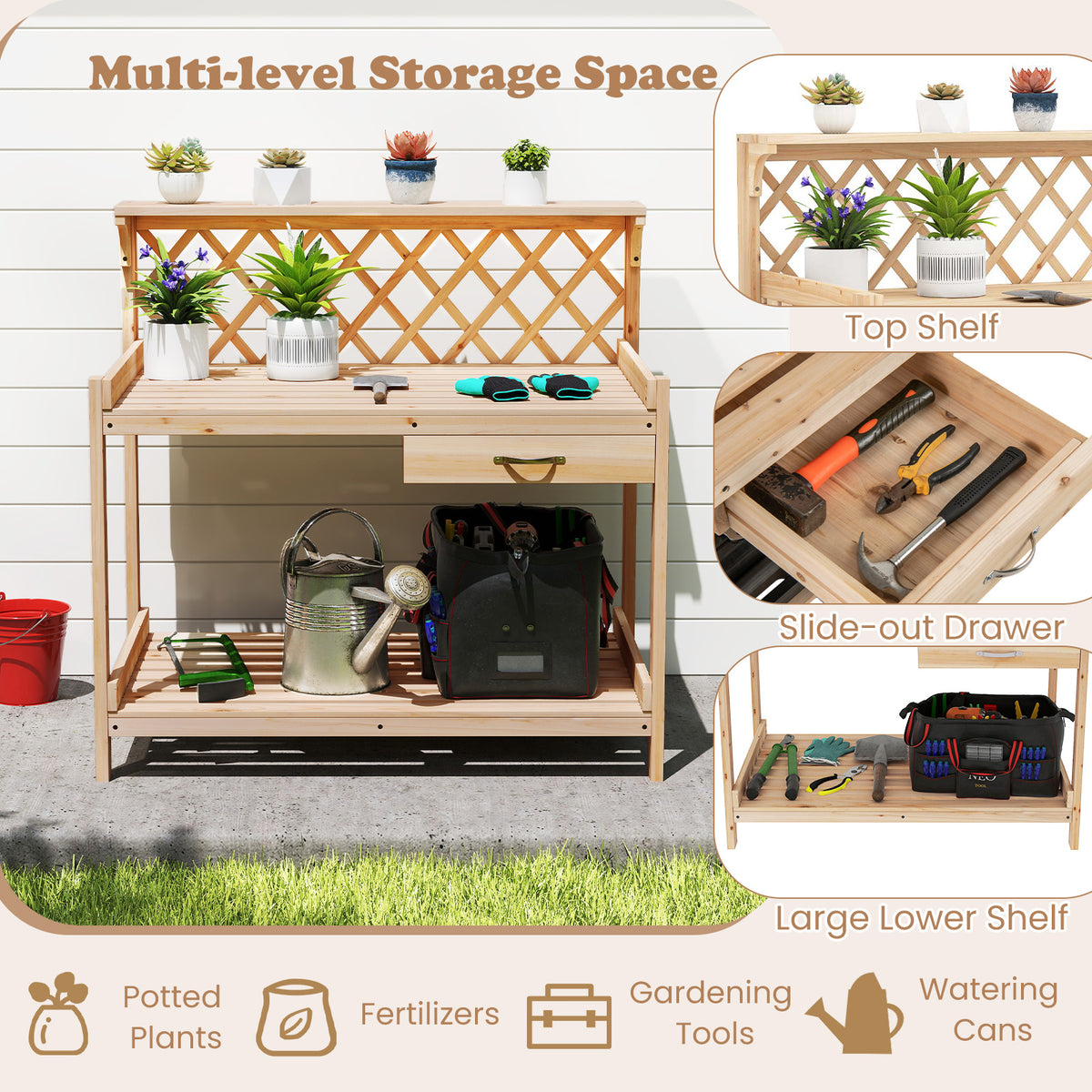 Garden Potting Bench Table, Wooden Planting Workstation