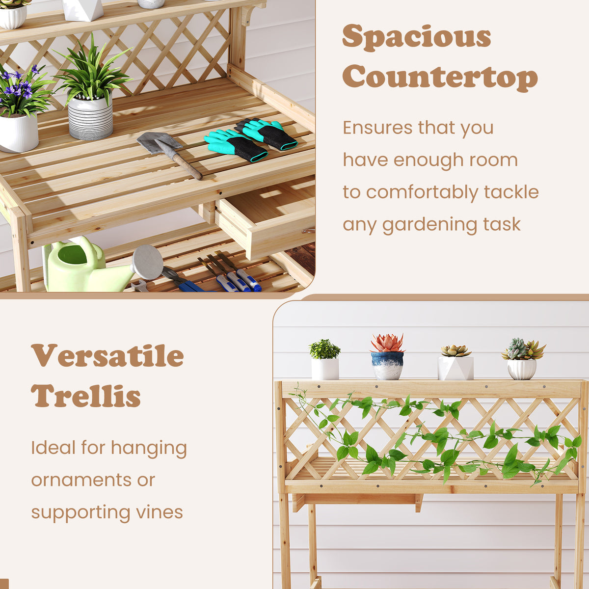 Garden Potting Bench Table, Wooden Planting Workstation