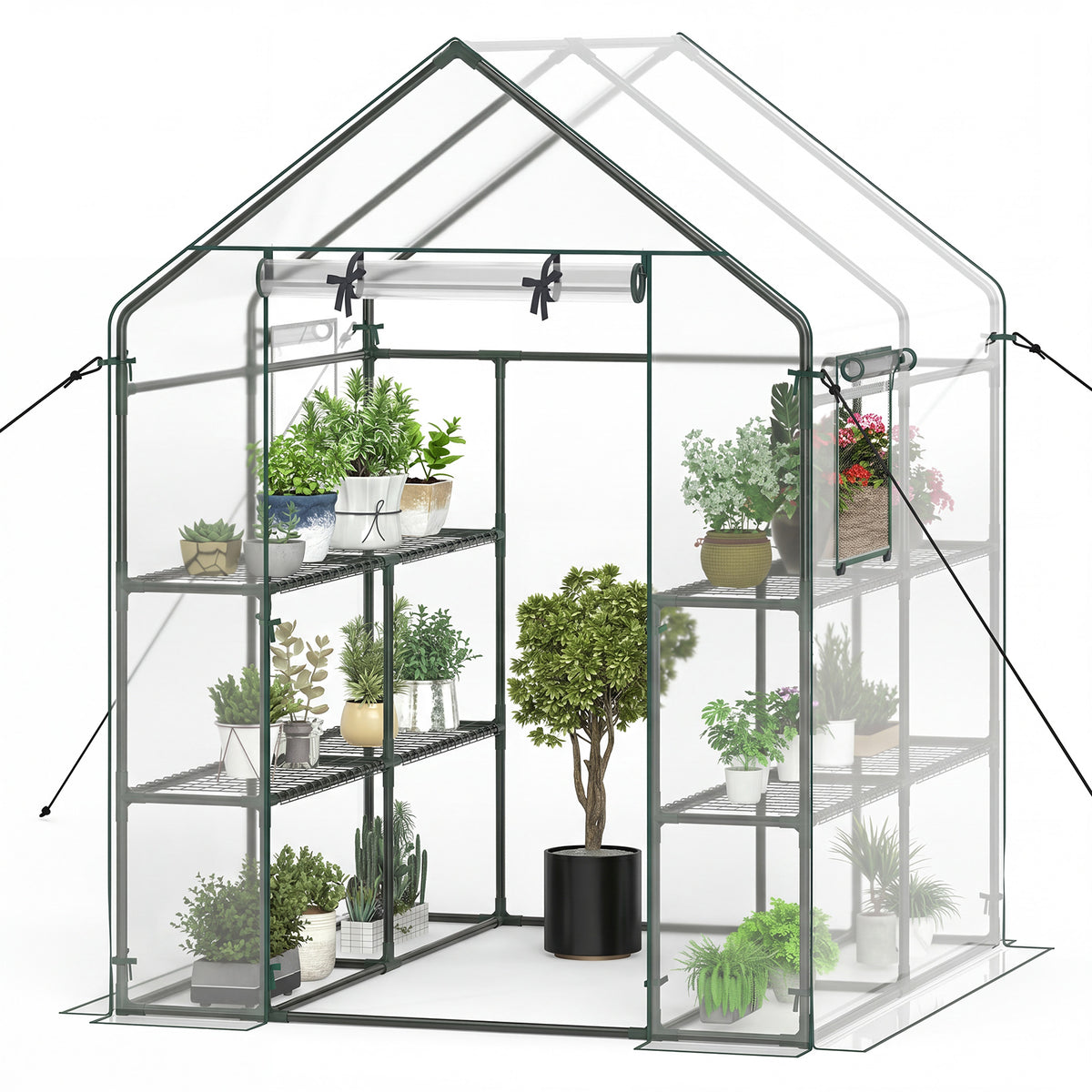 3 Tiers Outdoor Walk in Greenhouse, 12 Shelves Movable Green House Tunnel