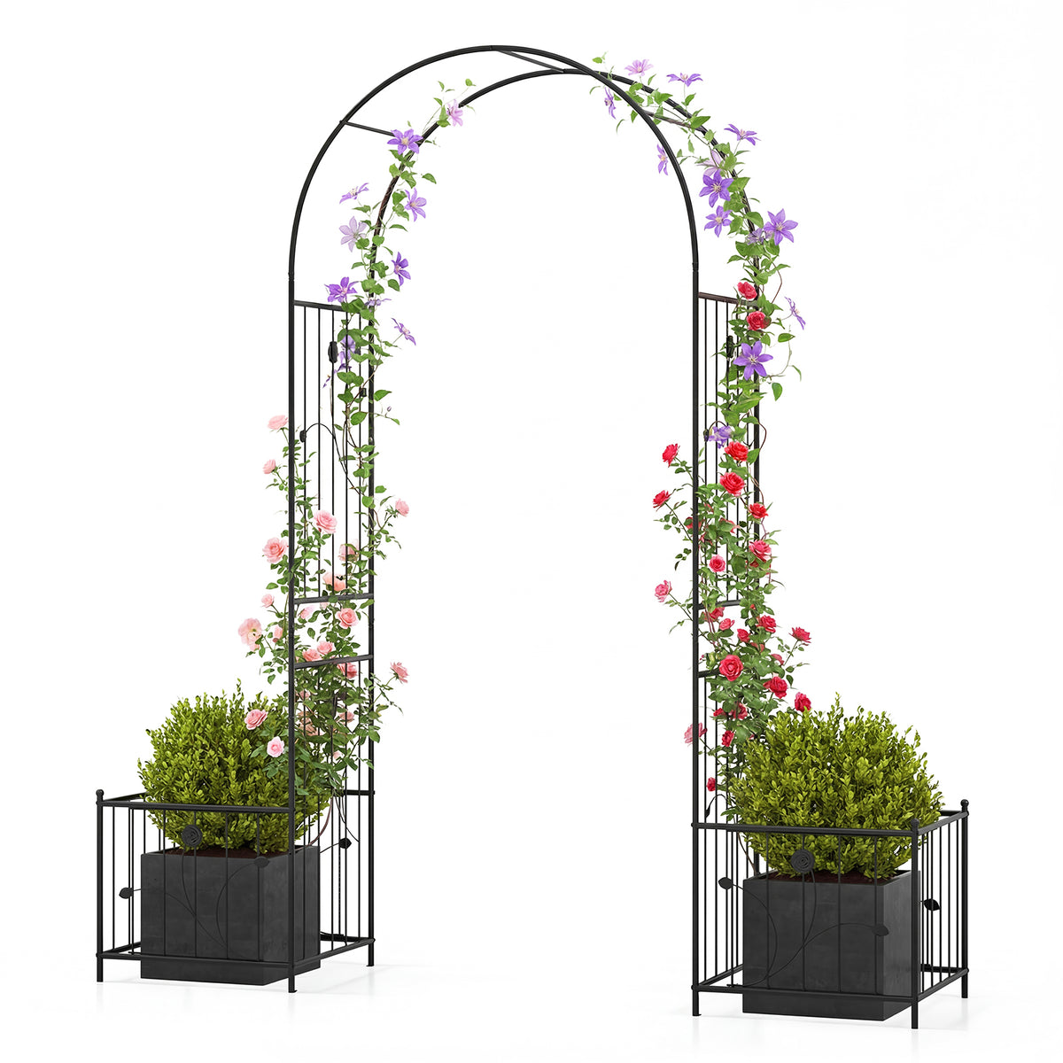 Metal Garden Arbor with Planter Boxes Arch Trellis with Ground Stakes for Climbing Plants