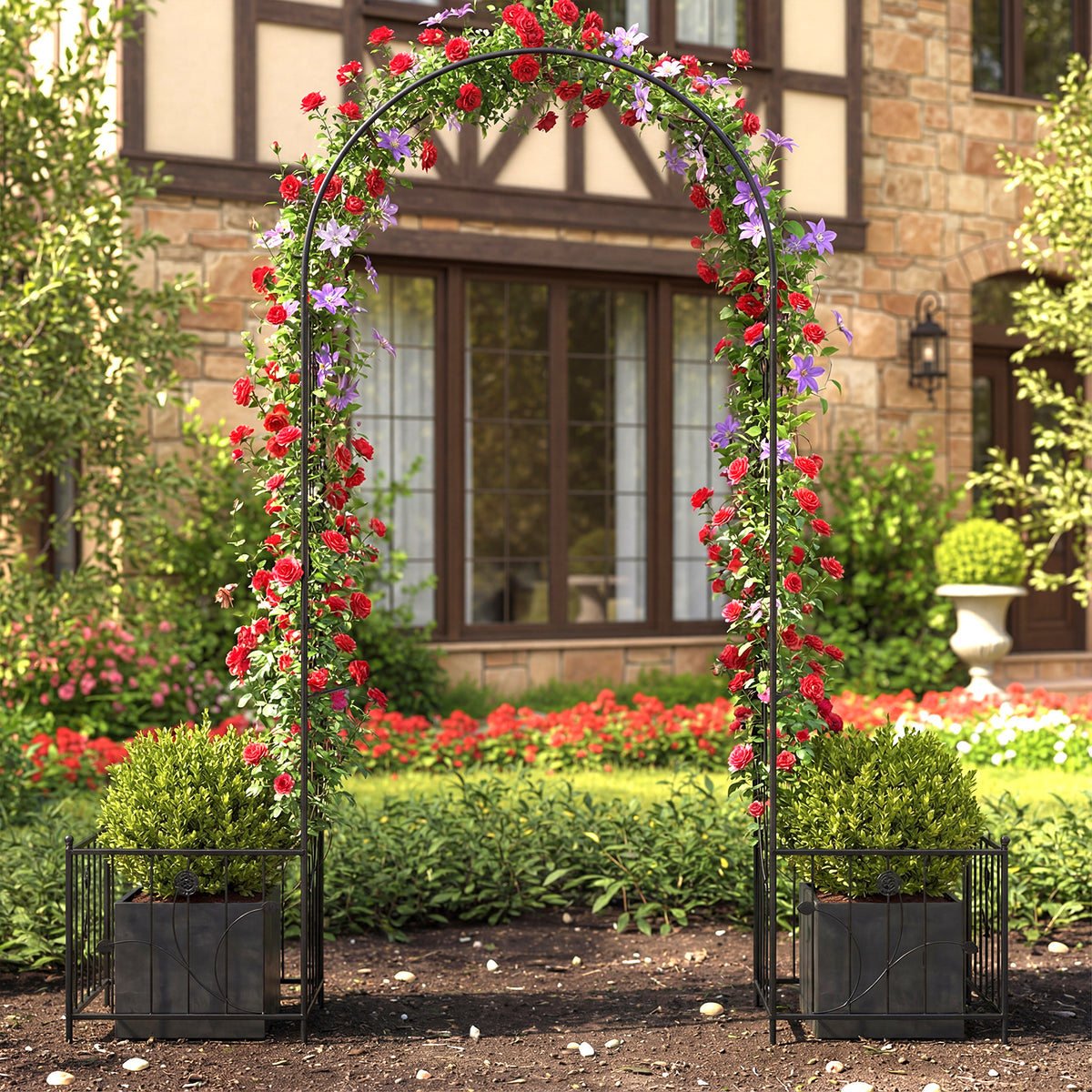 Metal Garden Arbor with Planter Boxes Arch Trellis with Ground Stakes for Climbing Plants