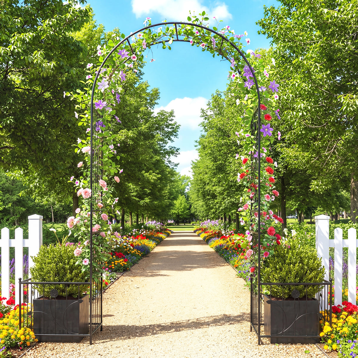 Metal Garden Arbor with Planter Boxes Arch Trellis with Ground Stakes for Climbing Plants